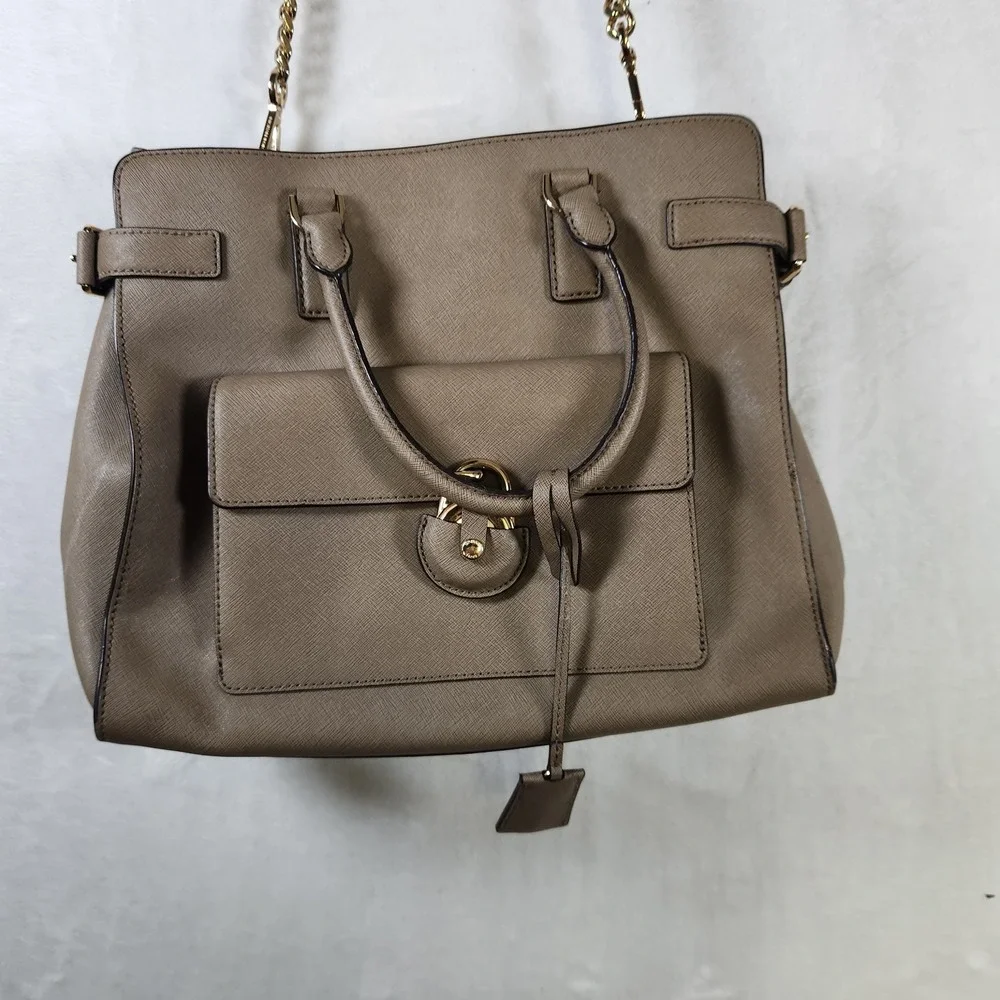 Michael Kors Saffiano Leather Tote Satchel‎ Taupe Chain Strap Large Shoulder Bag